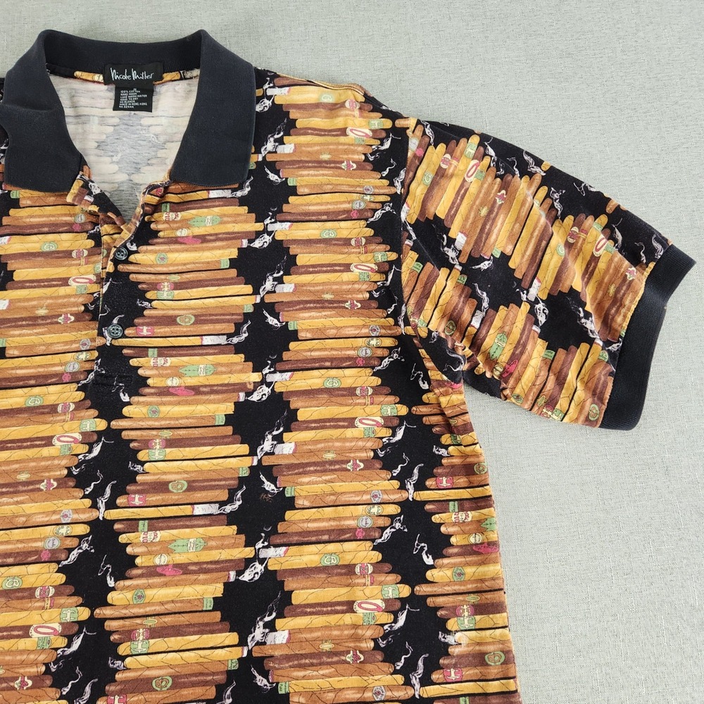 Vintage Nicole Miller Mens Small* Cigar Novelty Print Cotton Polo Shirt Black
